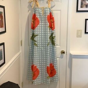 Women’s Blue/White Checkered Floral Resortwear Coastal Cottagecore Maxi Dress M